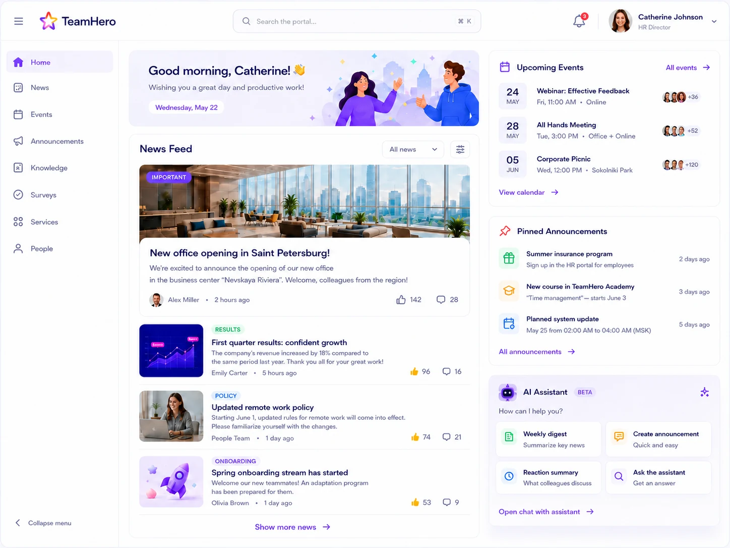 TeamHero intranet home screen: news, events and AI assistant